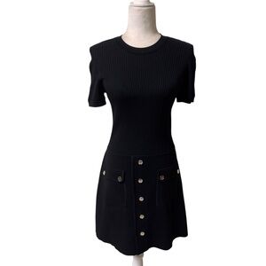Sandro Louise Ribbed button short sleeve black minimalist monochrome dress sz 40